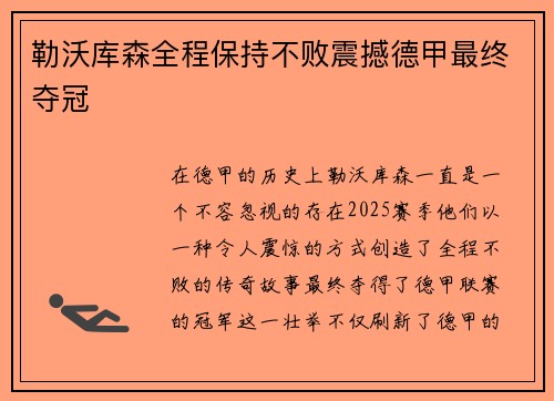 勒沃库森全程保持不败震撼德甲最终夺冠 勒沃库森全程保持不败震撼德甲最终夺冠