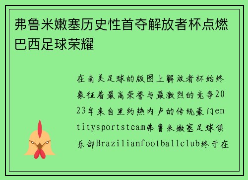弗鲁米嫩塞历史性首夺解放者杯点燃巴西足球荣耀 弗鲁米嫩塞历史性首夺解放者杯点燃巴西足球荣耀